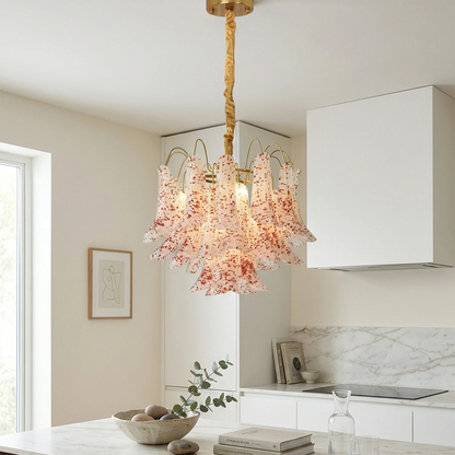 Hand-blown Wave Point Murano Glass Chandelier - ∅ 19.7″ x H 18.9″ Gold + Red - Chandelier
