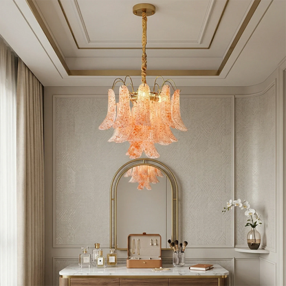 Hand-blown Wave Point Murano Glass Chandelier - ∅ 19.7″ x H 18.9″ Gold + Orange - Chandelier