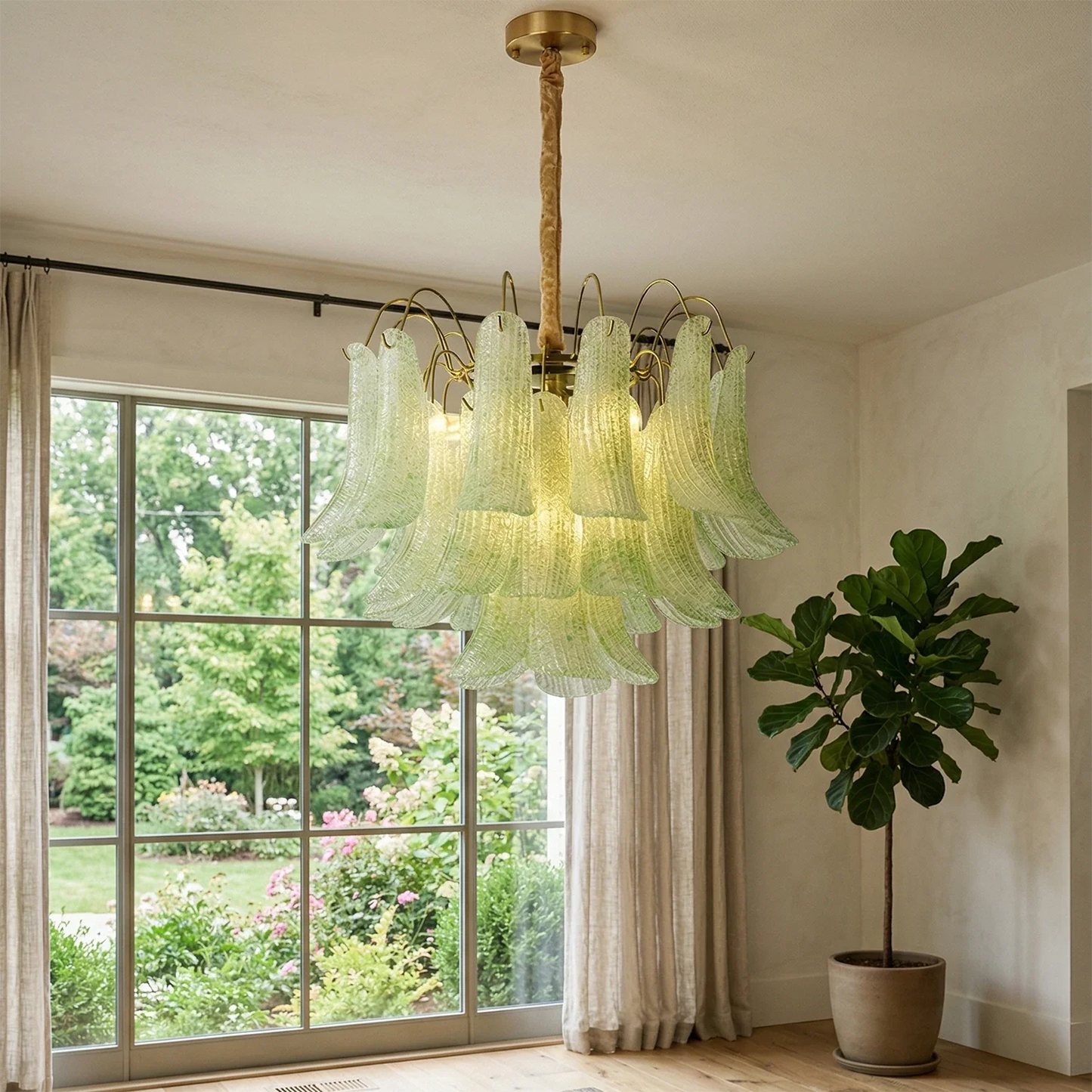Hand-blown Wave Point Murano Glass Chandelier - ∅ 23.6″ x H 18.9″ Gold + Green - Chandelier