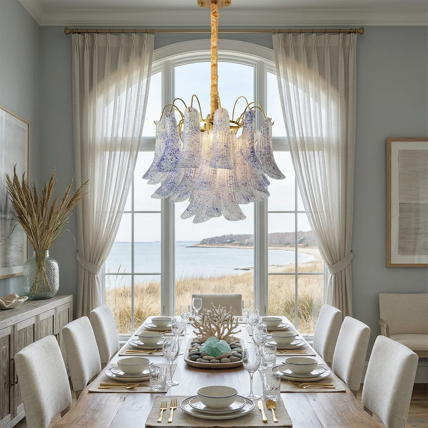 Hand-blown Wave Point Murano Glass Chandelier - ∅ 19.7″ x H 18.9″ Gold + Blue - Chandelier