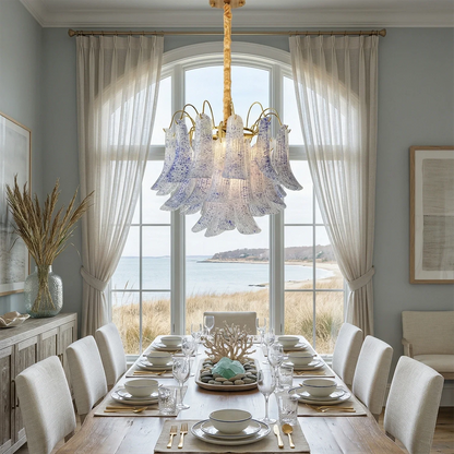 Hand-blown Wave Point Murano Glass Chandelier - ∅ 19.7″ x H 18.9″ Gold + Blue - Chandelier