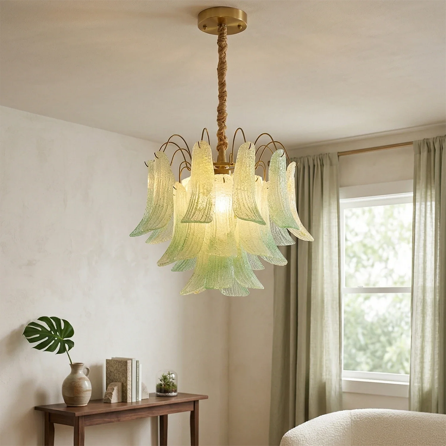 Hand-blown Wave Point Murano Glass Chandelier - ∅ 19.7″ x H 18.9″ Gold + Green - Chandelier
