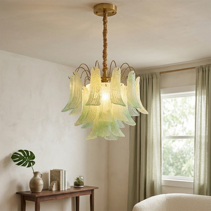 Hand-blown Wave Point Murano Glass Chandelier - ∅ 19.7″ x H 18.9″ Gold + Green - Chandelier