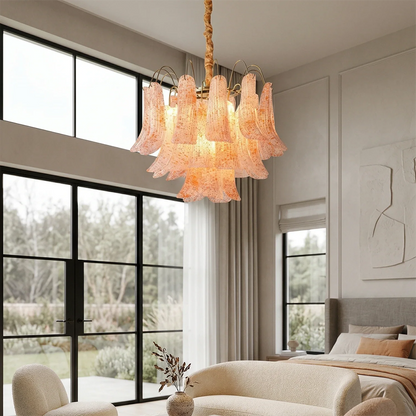 Hand-blown Wave Point Murano Glass Chandelier - ∅ 23.6″ x H 18.9″ Gold + Orange - Chandelier