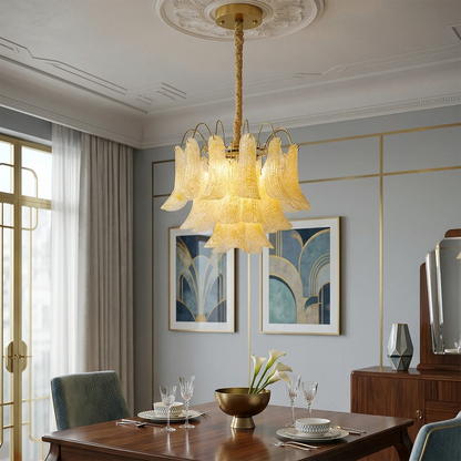 Hand-blown Wave Point Murano Glass Chandelier - ∅ 23.6″ x H 18.9″ Gold + Yellow - Chandelier