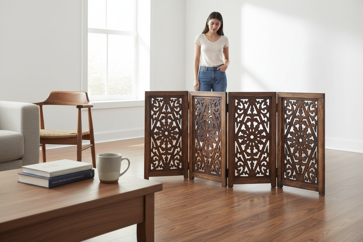Hand Carved Solid Wood 4 Panel Wood Foldable Safety Gate - Antique Brown 52x25 - gate