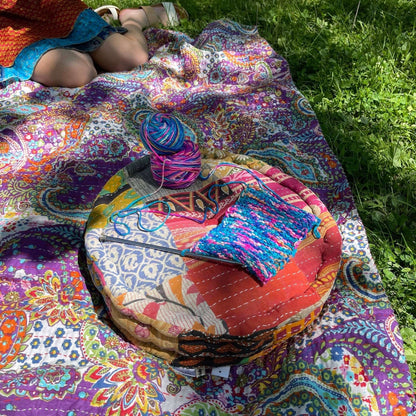 Hand Embroidered Floor Pouf - - Home Decor