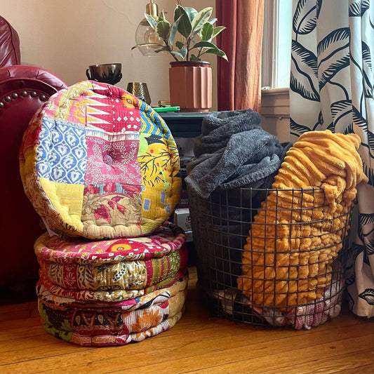 Hand Embroidered Floor Pouf - - Home Decor