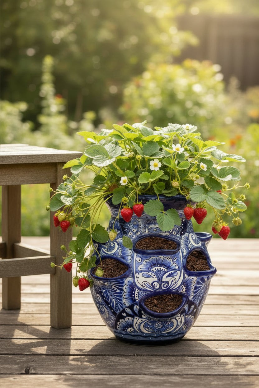 Blue & White Talavera Strawberry Pot Hand-Painted Ceramic Planter - - Talavera Planter