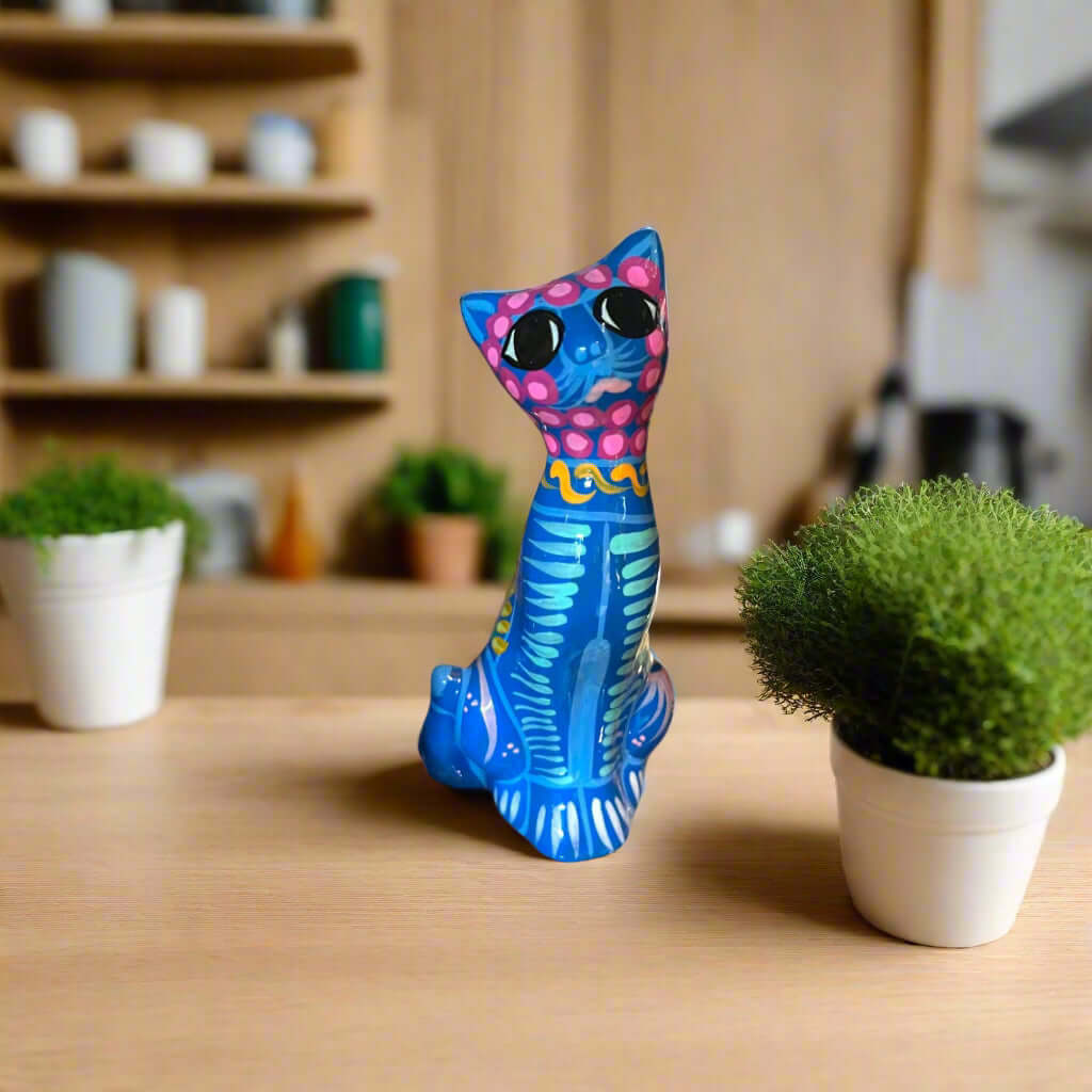 Hand-Painted Guerrero Cat Statue Colorful Mexican Ceramic Figure - - Guerrero Figurine