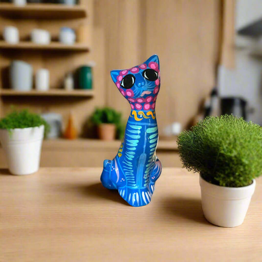 Hand-Painted Guerrero Cat Statue Colorful Mexican Ceramic Figure - - Guerrero Figurine