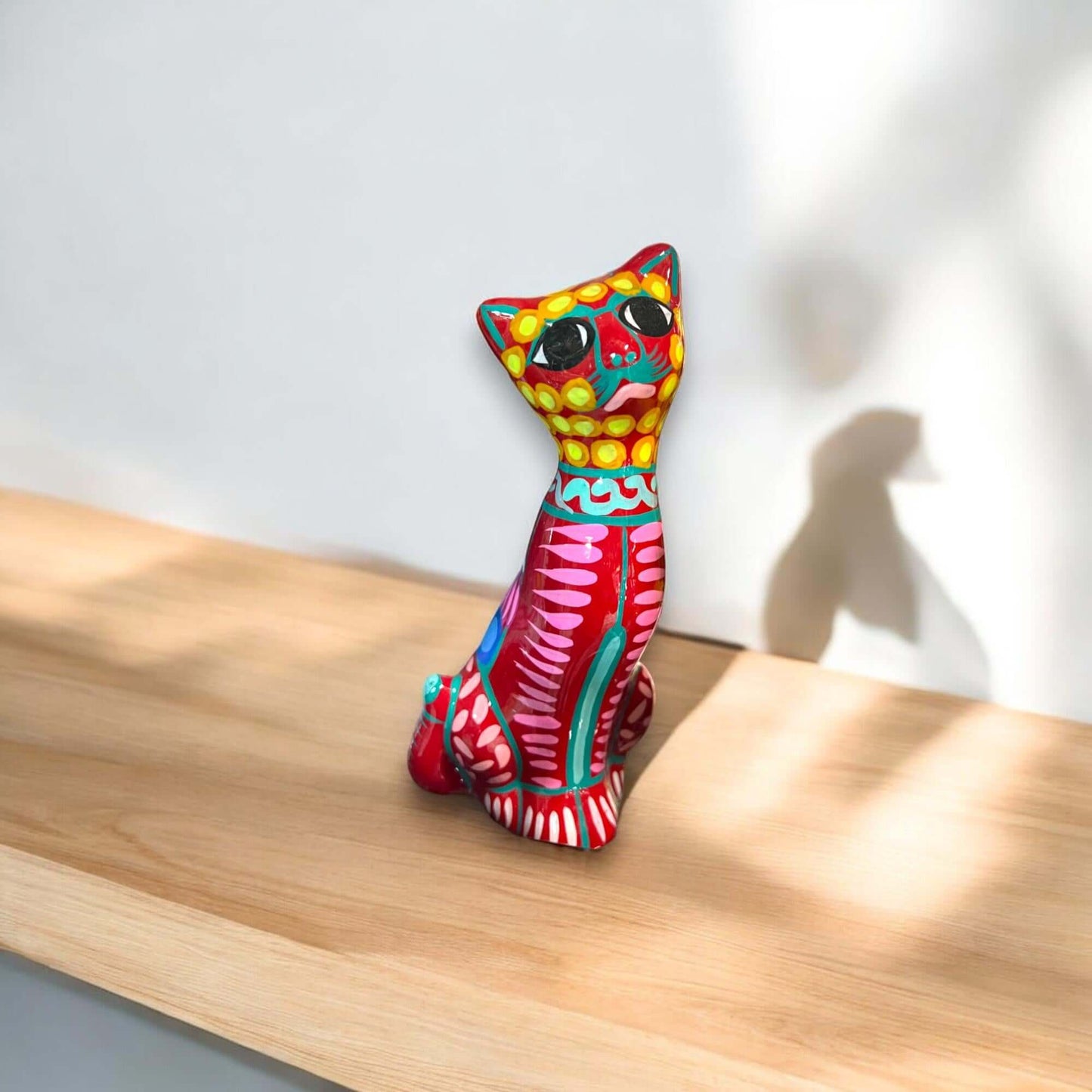 Hand-Painted Guerrero Cat Statue Colorful Mexican Ceramic Figure - - Guerrero Figurine