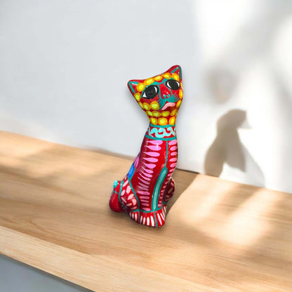 Hand-Painted Guerrero Cat Statue Colorful Mexican Ceramic Figure - - Guerrero Figurine
