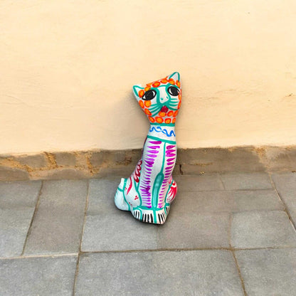 Hand-Painted Guerrero Cat Statue Colorful Mexican Ceramic Figure - - Guerrero Figurine