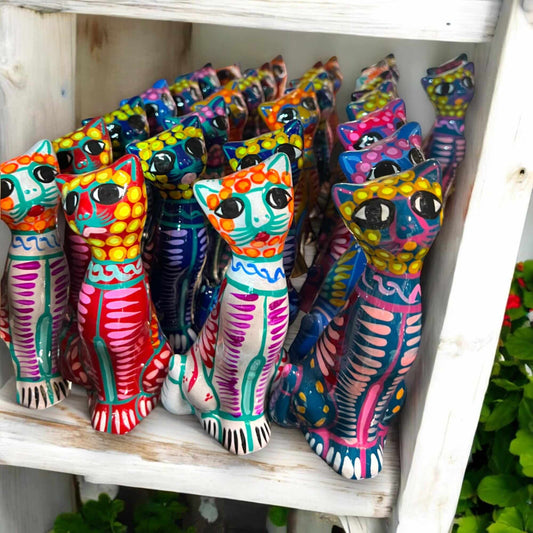 Hand-Painted Guerrero Cat Statue Colorful Mexican Ceramic Figure - - Guerrero Figurine