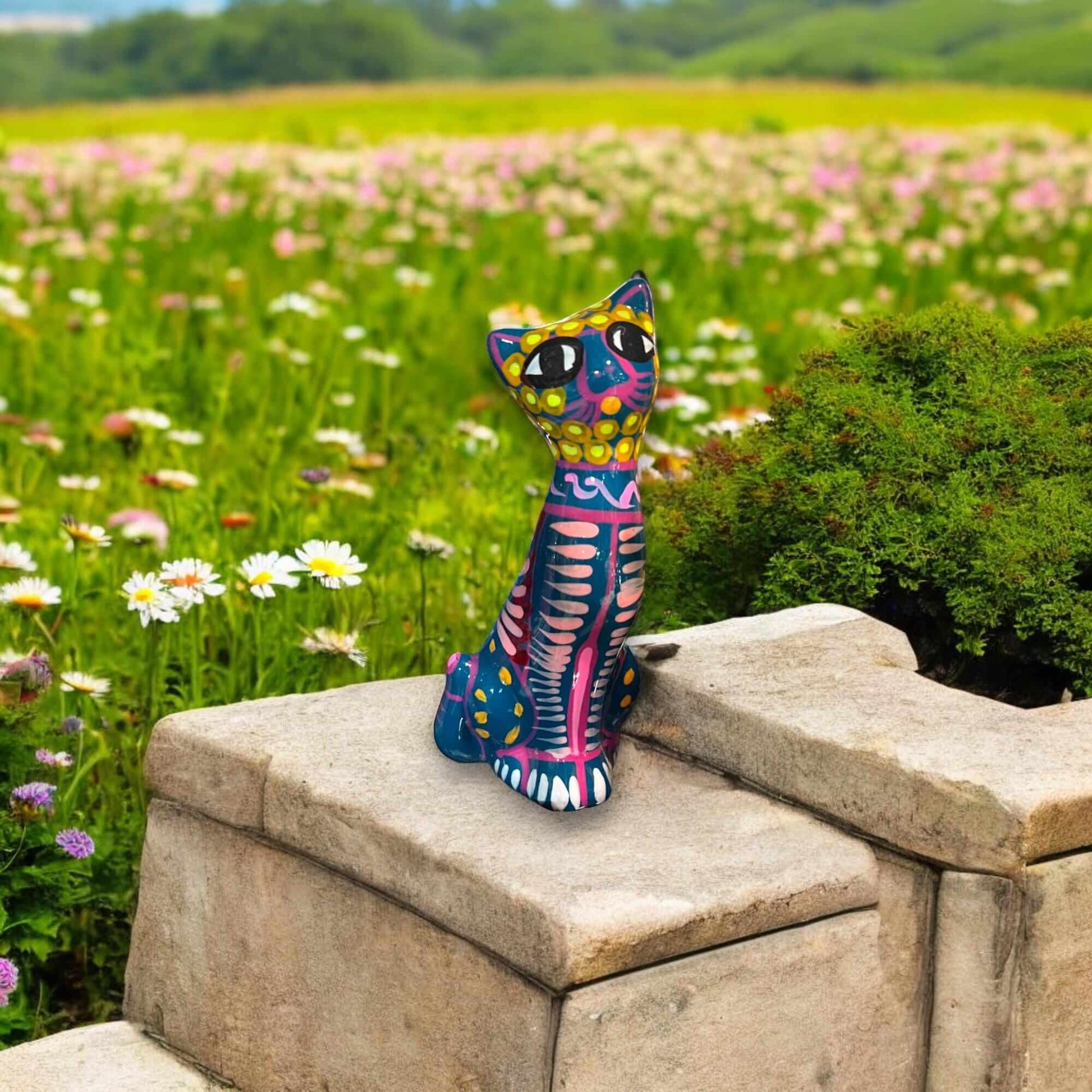 Hand-Painted Guerrero Cat Statue Colorful Mexican Ceramic Figure - - Guerrero Figurine