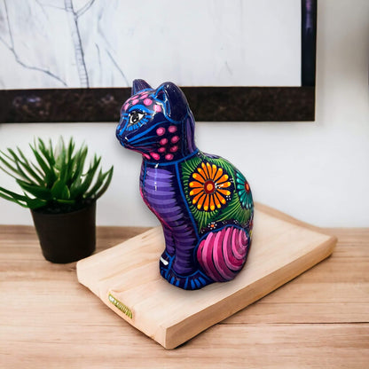 Talavera Cat Piggy Bank Hand-Painted Mexican Ceramic Coin Holder - - Guerrero Piggy Bank