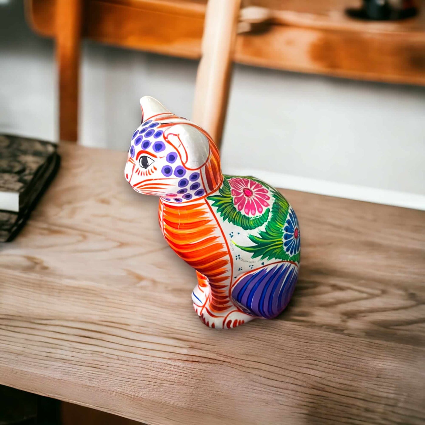 Talavera Cat Piggy Bank Hand-Painted Mexican Ceramic Coin Holder - - Guerrero Piggy Bank