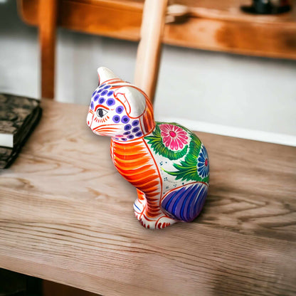 Talavera Cat Piggy Bank Hand-Painted Mexican Ceramic Coin Holder - - Guerrero Piggy Bank
