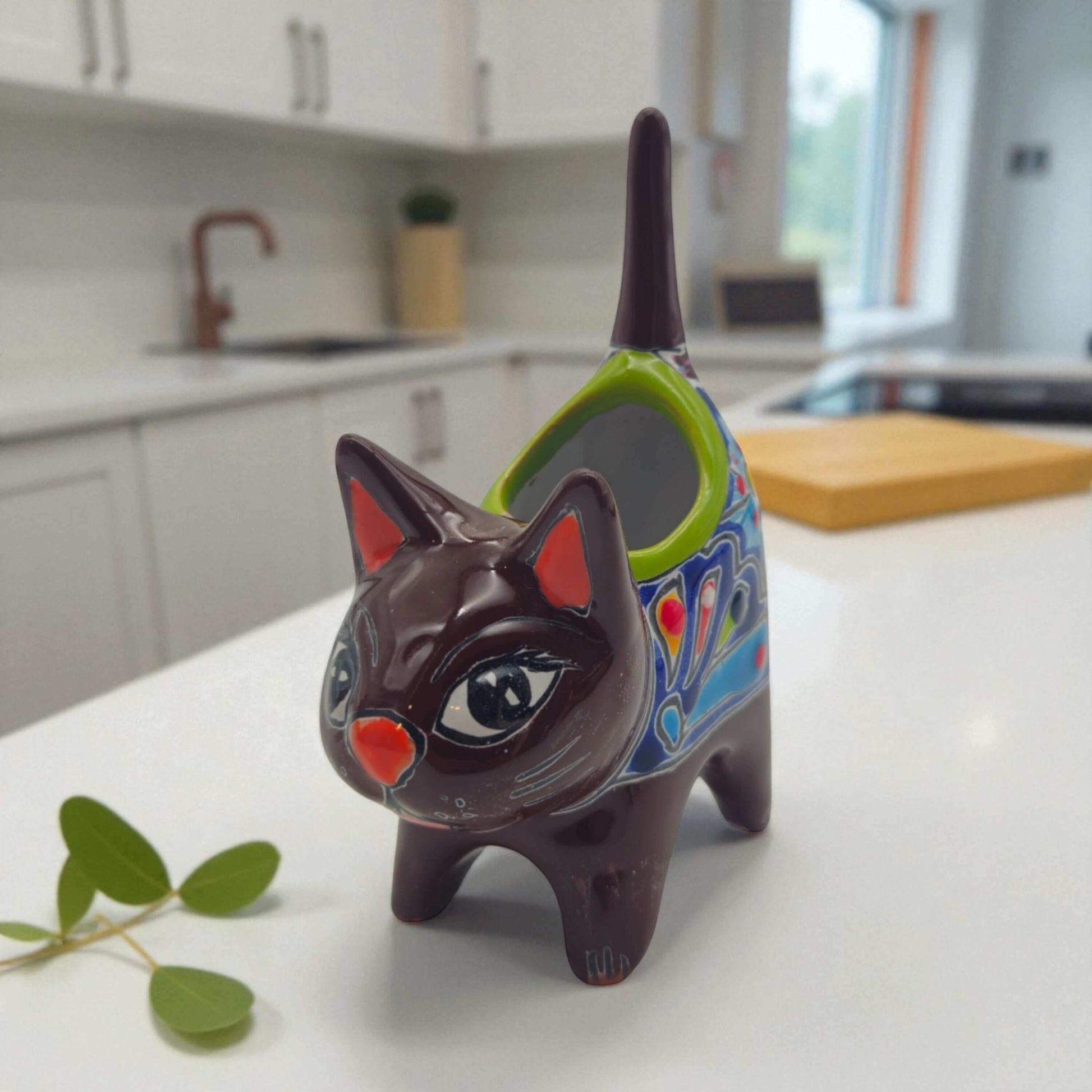 Colorful Talavera Cat Planter Mexican Ceramic Art - Brown - Talavera Planter