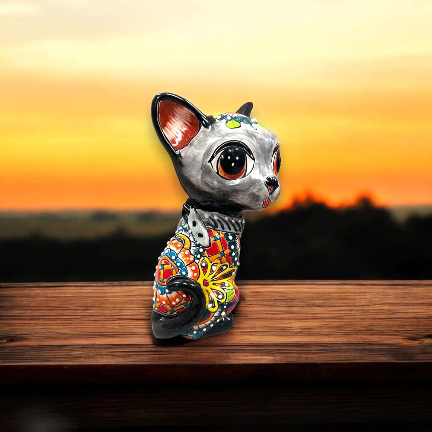 Talavera Cat Statue Hand-Painted Mexican Folk Art Figurine - - Talavera Statue