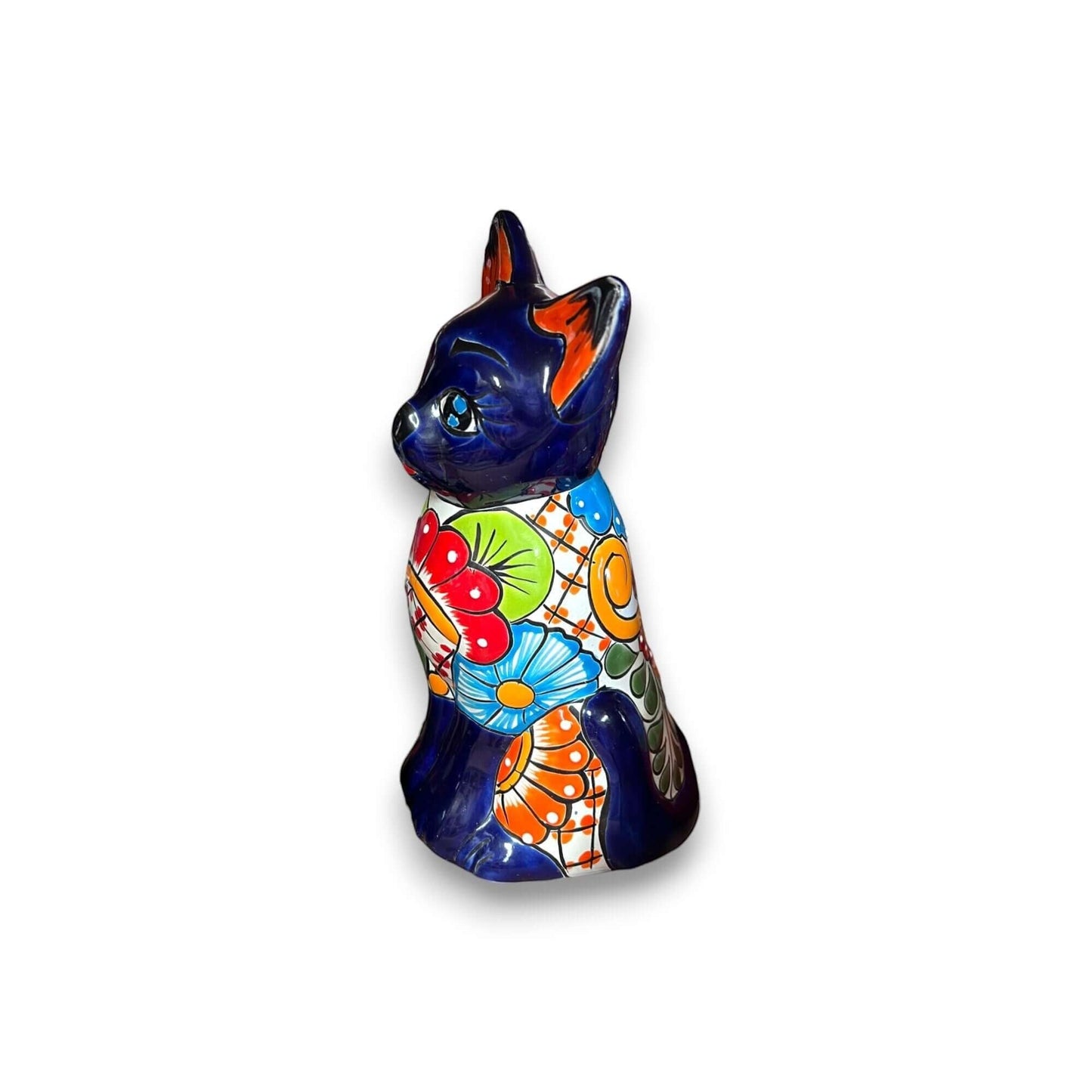 Colorful Hand-Painted Talavera Cat Statue Mexican Folk Art Decor - - Talavera Statue