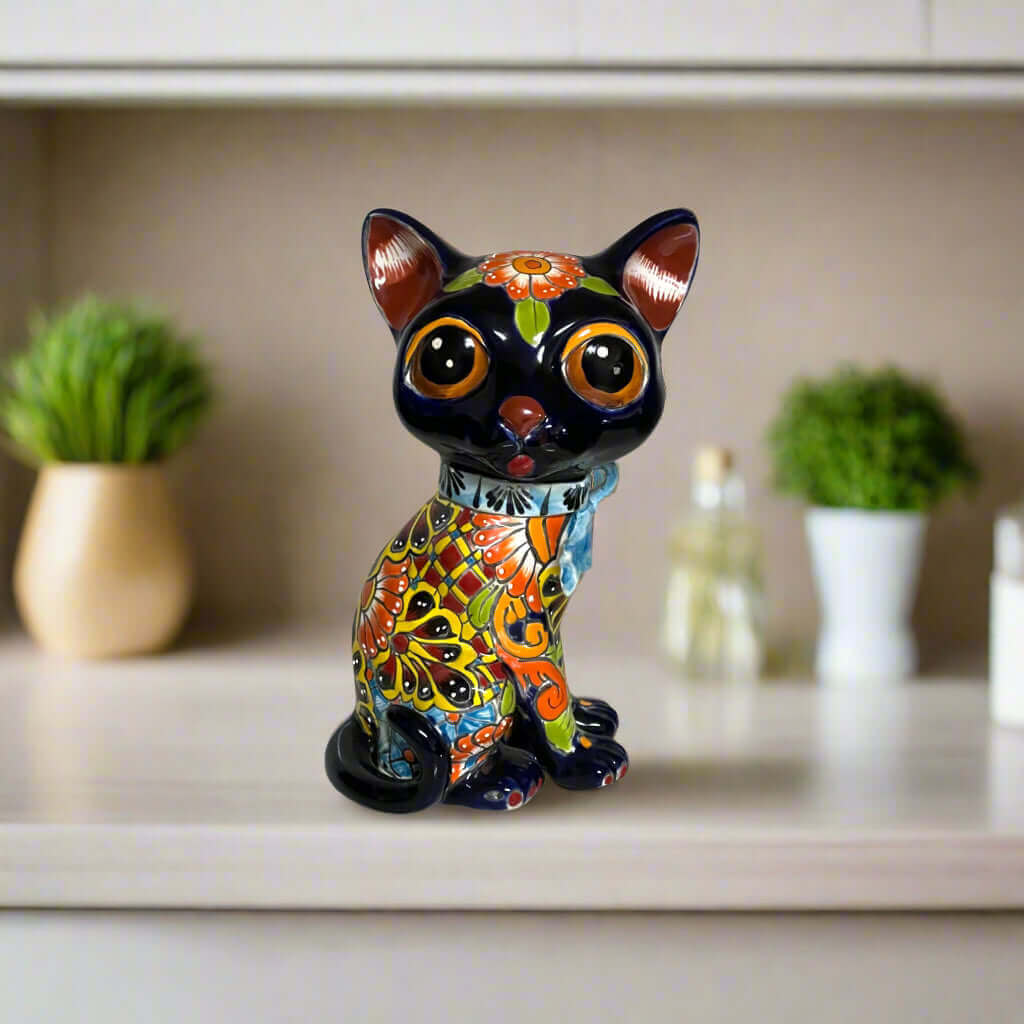Talavera Cat Statue Hand-Painted Mexican Folk Art Figurine - - Talavera Statue