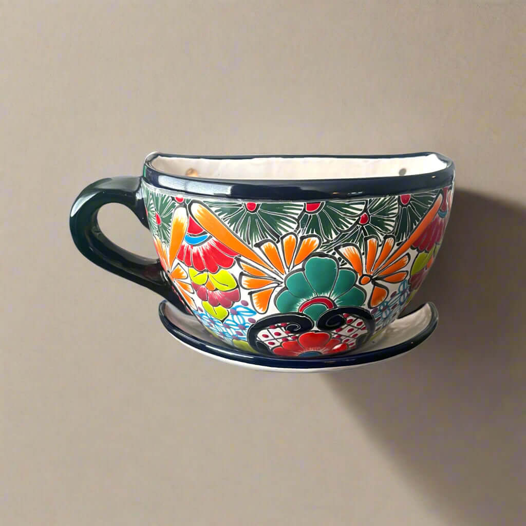 Talavera Coffee Cup Planter Hand-Painted Mexican Wall Pot - - Talavera Planter