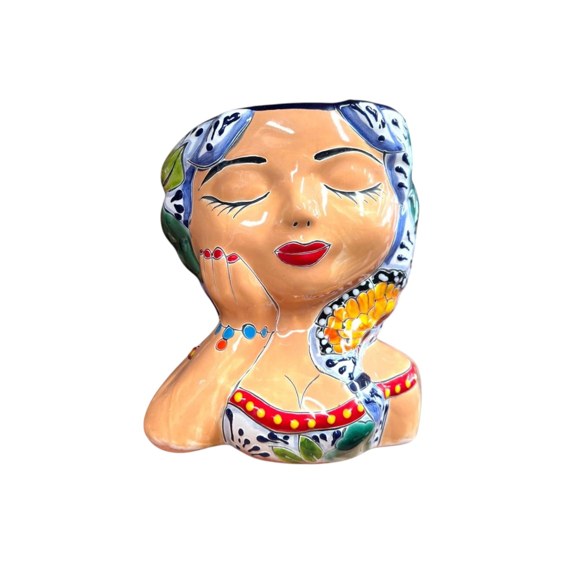 Hand-Painted Talavera Ceramic Lady Planter Mexican Artwork Decor - - Talavera Planter