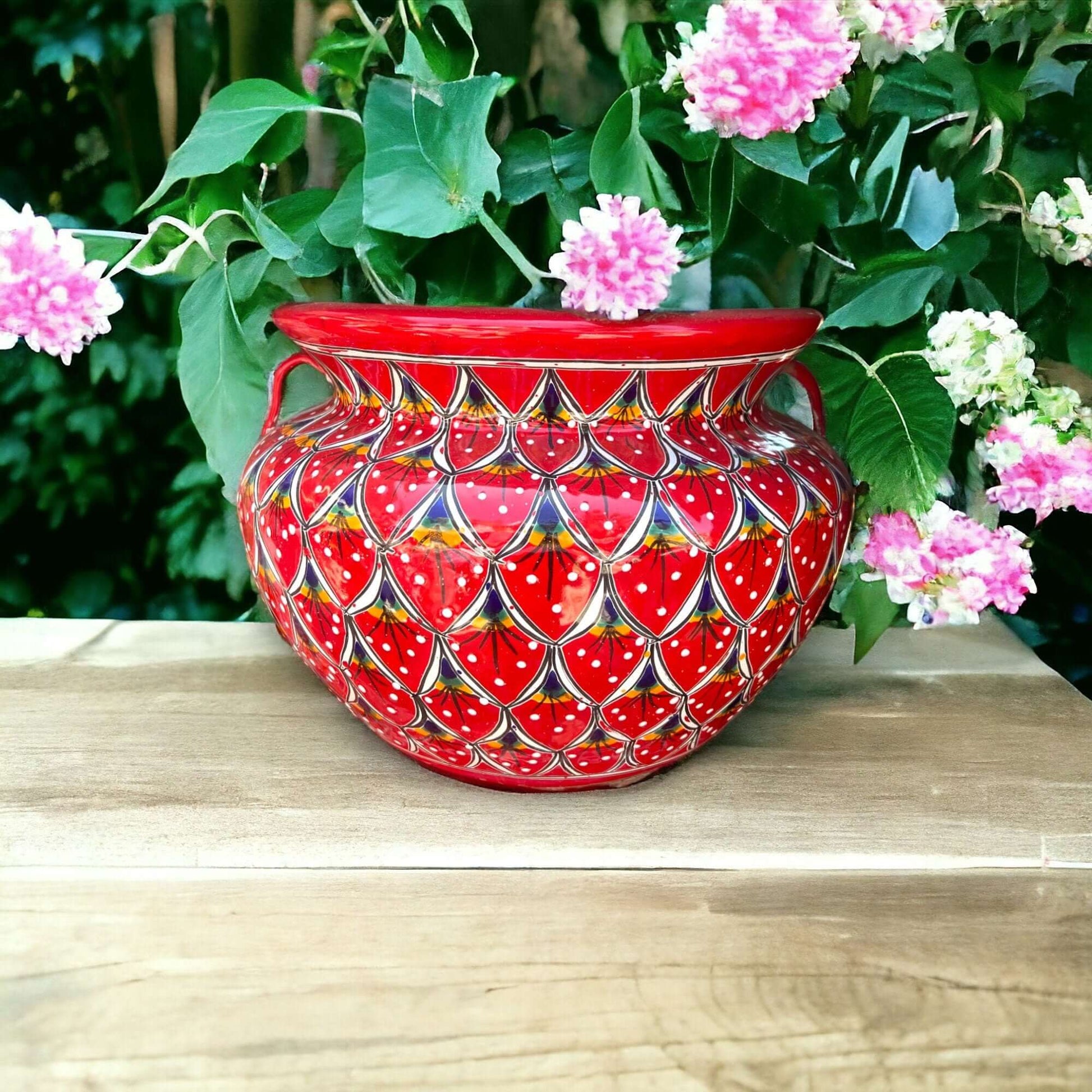 Extra Large Hand-Painted Talavera Peacock Flower Pot Planter Decor - Red - Talavera Flower Pot
