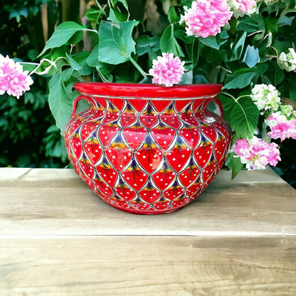 Extra Large Hand-Painted Talavera Peacock Flower Pot Planter Decor - Red - Talavera Flower Pot