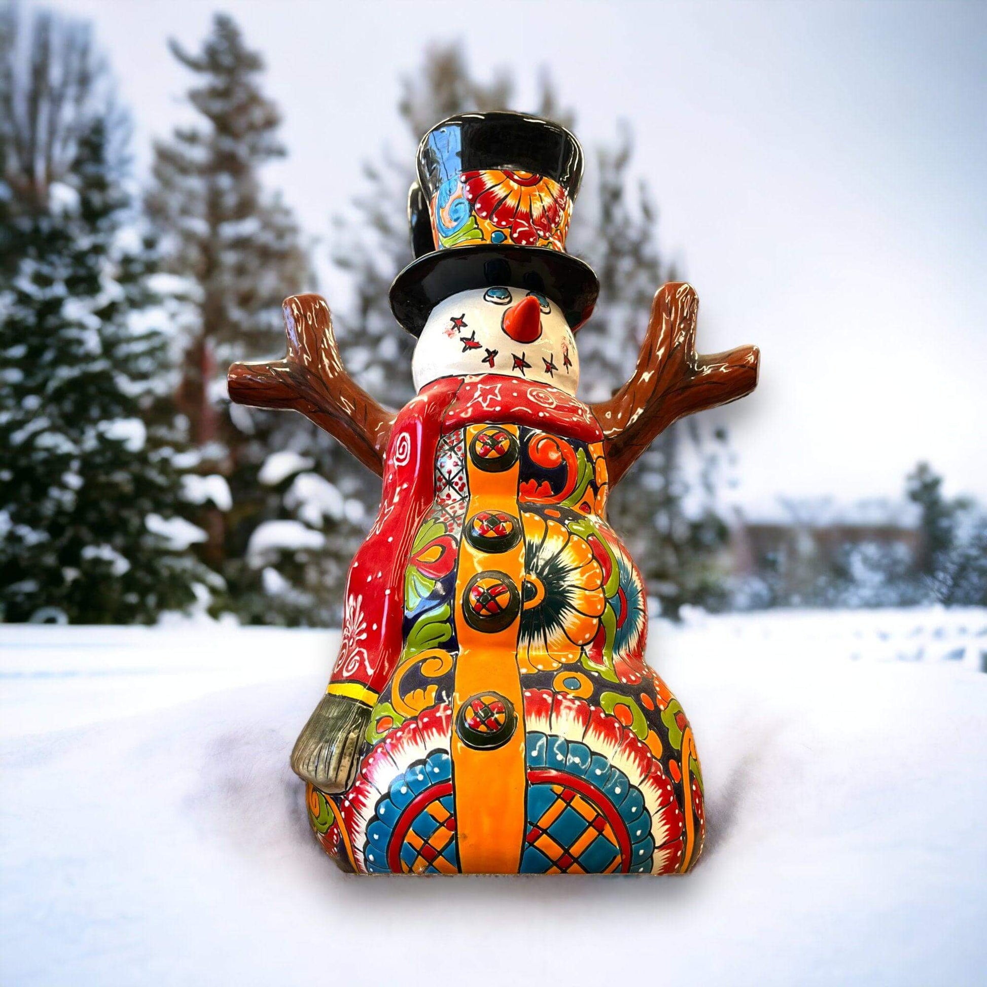 Hand-Painted Talavera Snowman Statue Festive Christmas Decoration - - Talavera Statue