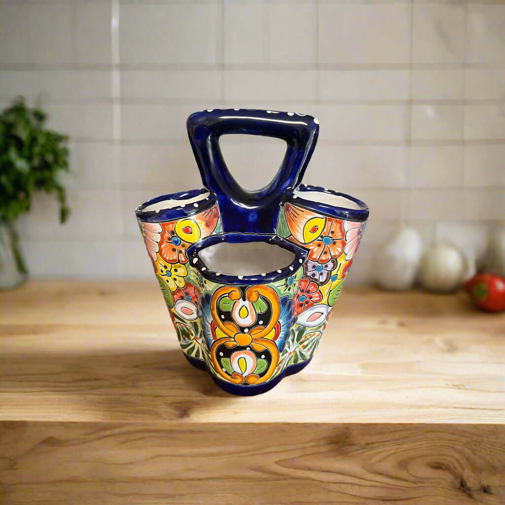 Talavera Utensil Holder Hand-Painted Mexican Kitchen Organizer - - Talavera Utensil Holder