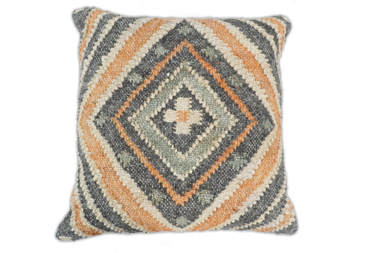 Rust and Charcoal Hand Woven Boho Jute and Wool Accent Pillow - 18"x18" - pillow