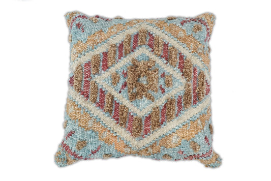 Hand Woven Jute and Wool Pillow Mustard and Blue - 18"x18" - pillow