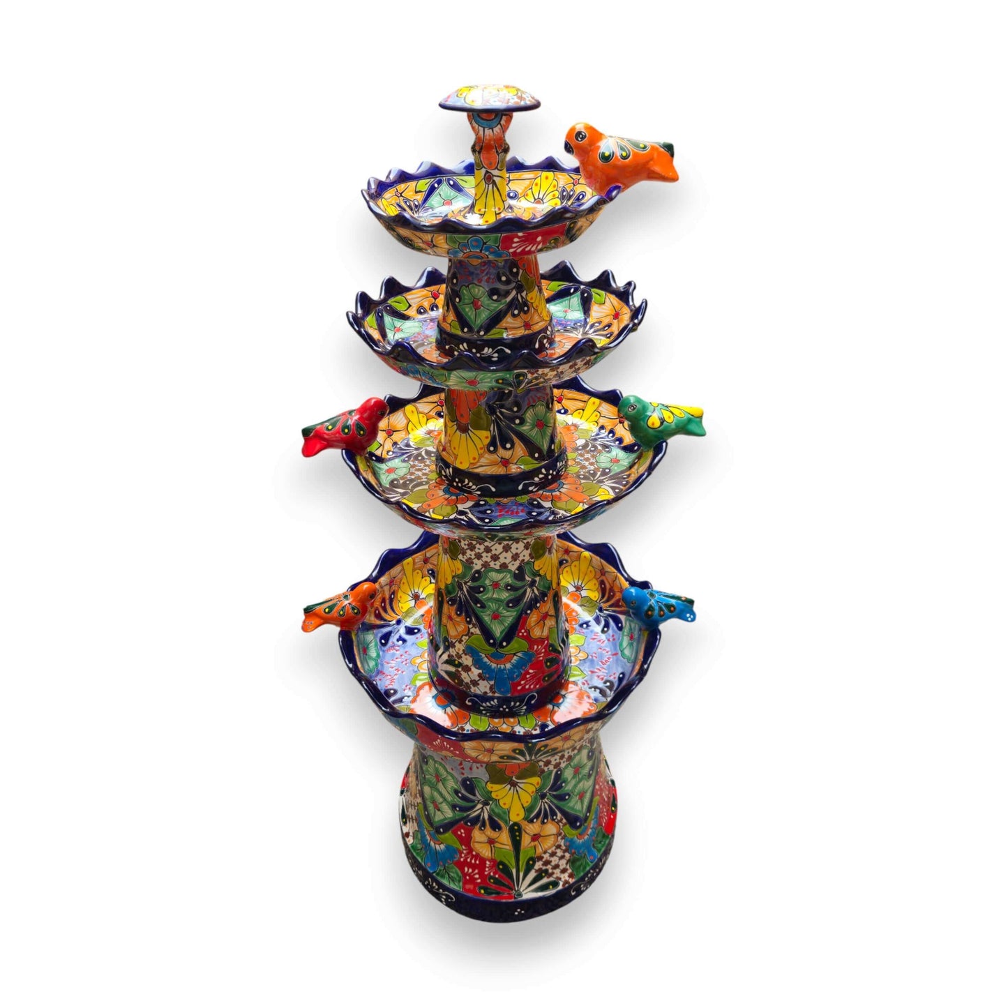 Blue Rim Tiered Talavera Fountain Handmade Mexican Art - - Talavera Fountain