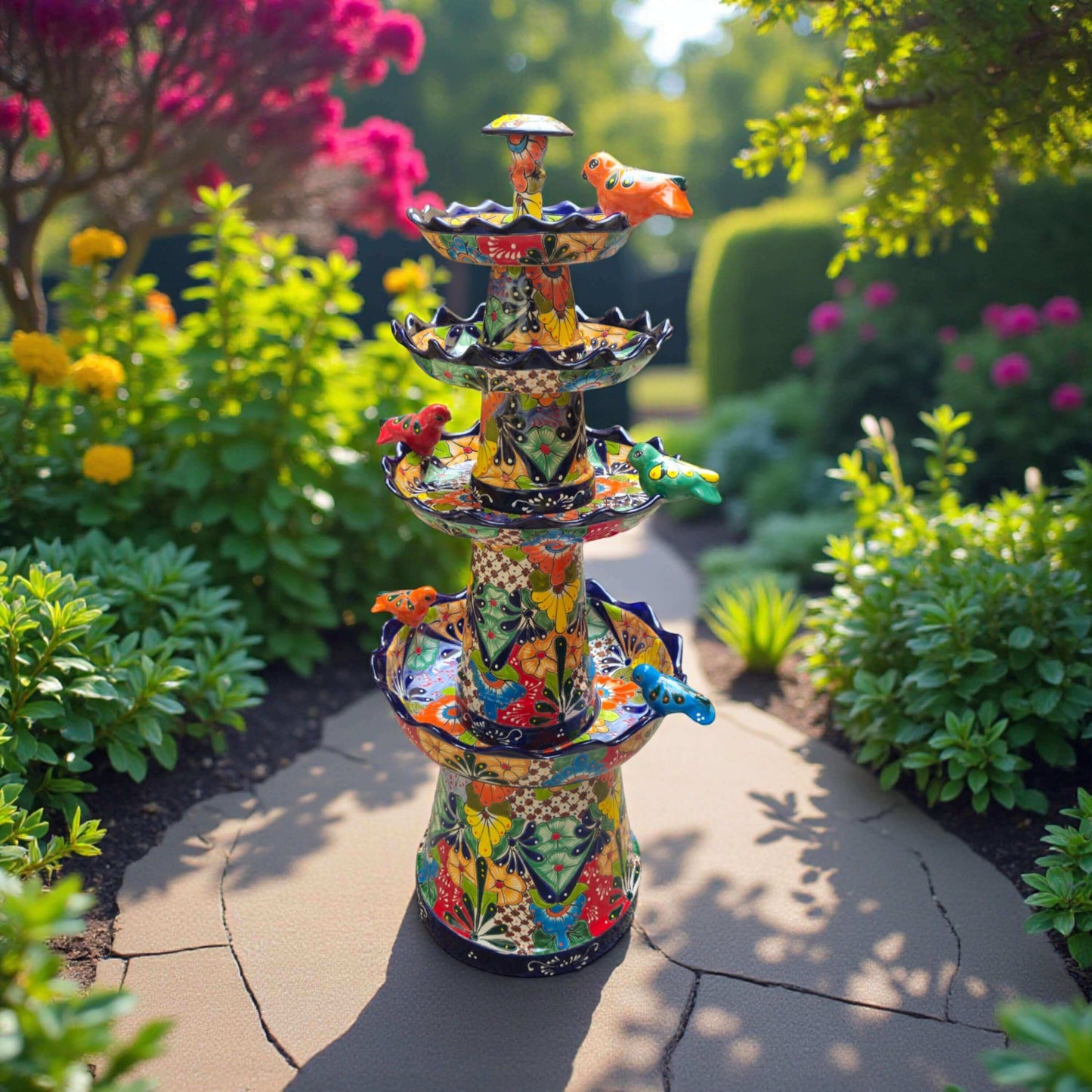 Blue Rim Tiered Talavera Fountain Handmade Mexican Art - - Talavera Fountain
