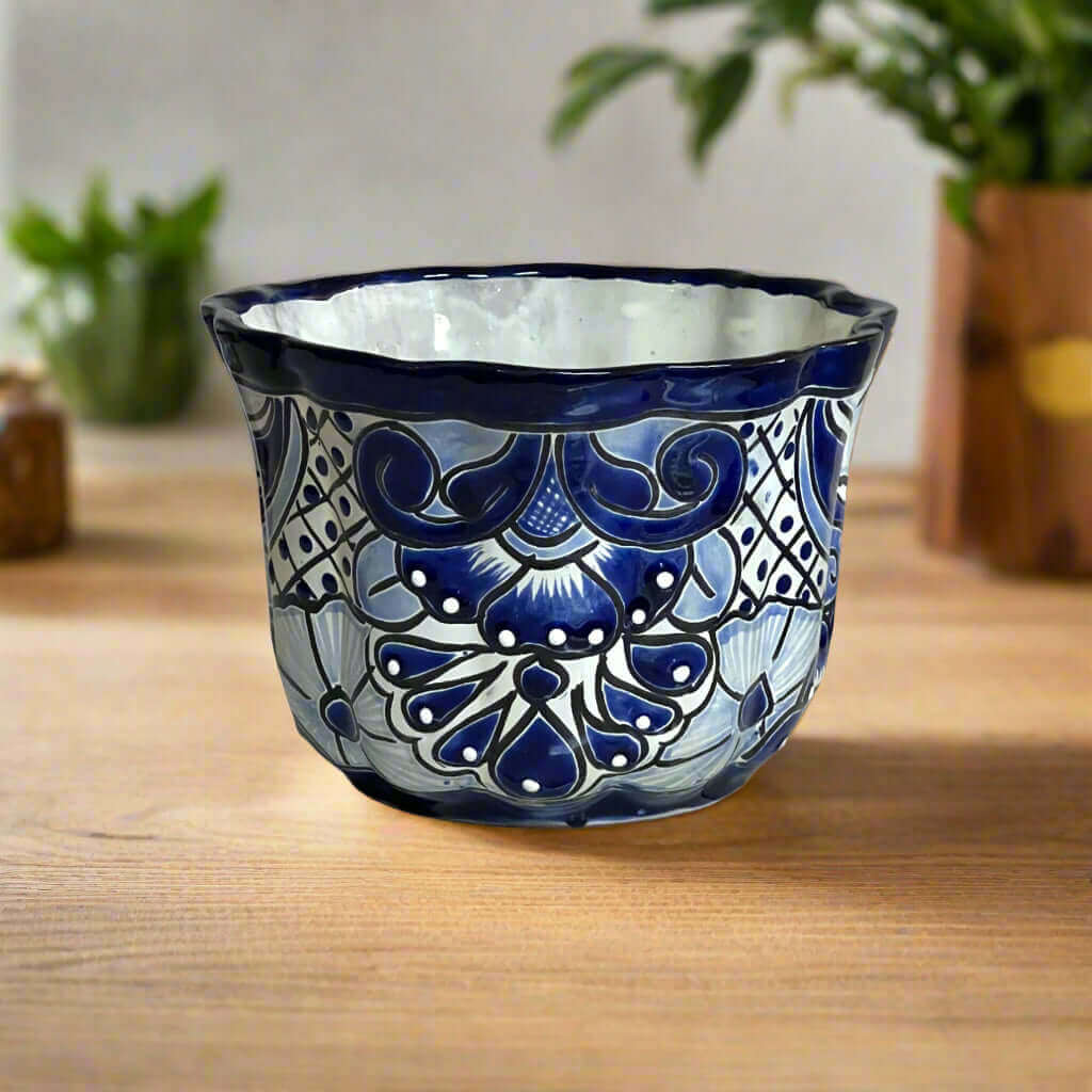 Talavera Flower Pot Handmade Blue & White Mexican Ceramic - - Talavera Flower Pot