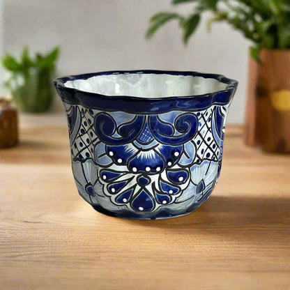 Talavera Flower Pot Handmade Blue & White Mexican Ceramic - - Talavera Flower Pot