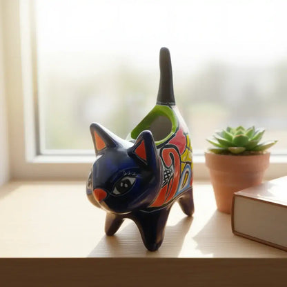 Vibrant Talavera Cat Planter Handmade Mexican Pottery - - Talavera Planter
