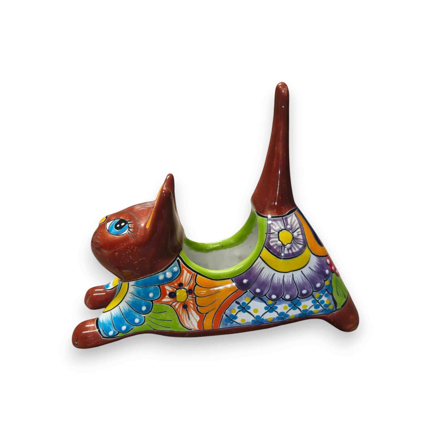 Talavera Cat Planter Colorful Handmade Stretching Animal Pot - - Talavera Planter