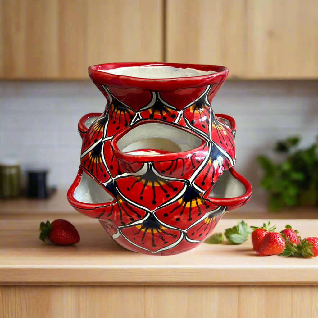 Talavera Strawberry Planter Red Peacock Design - - Talavera Planter
