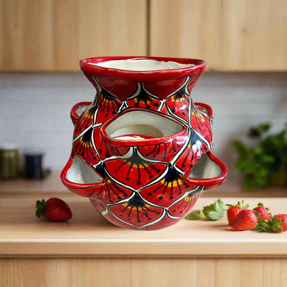 Talavera Strawberry Planter Red Peacock Design - - Talavera Planter
