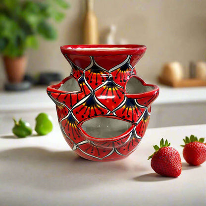Talavera Strawberry Planter Red Peacock Design - - Talavera Planter