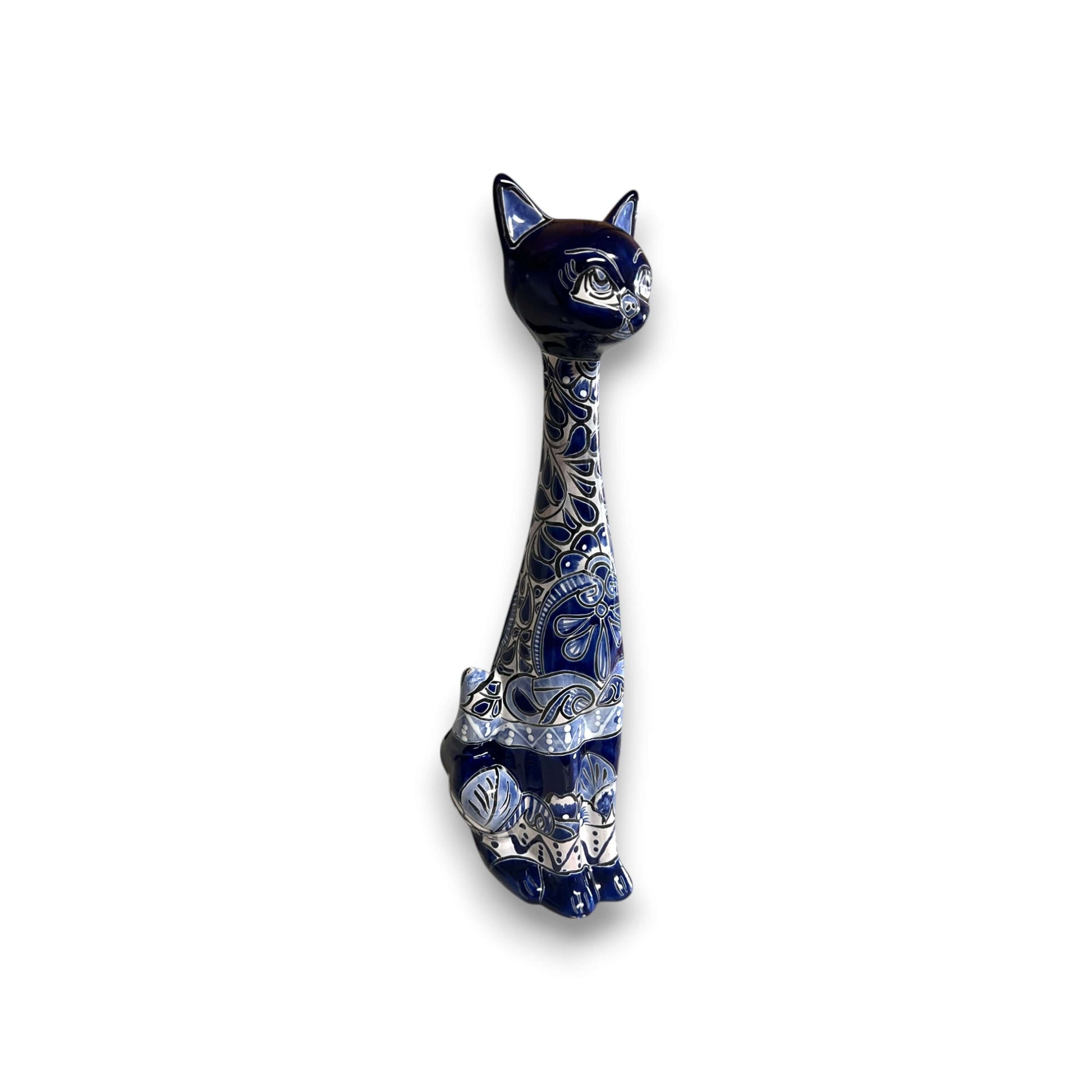 Tall Talavera Cat Statue Handmade Blue & White Ceramic Figurine - - Talavera Statue