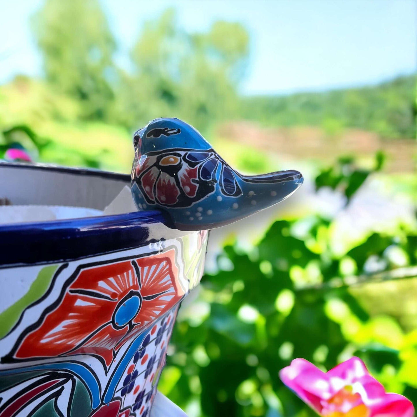 Talavera Pot Perching Bird Hand-Painted Mexican Accent - - Talavera Figurine