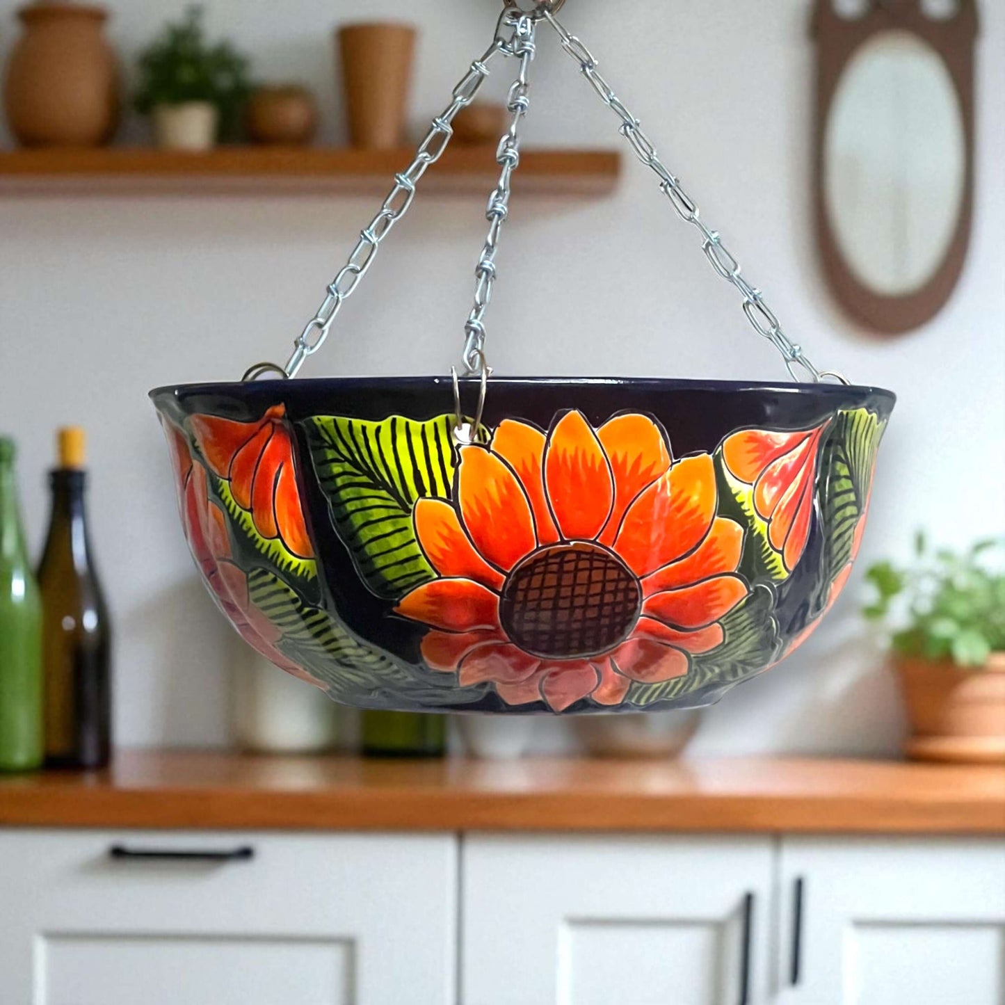 Vibrant Talavera Sunflower Hanging Planter Artisan Pot - - Talavera Flower Pot