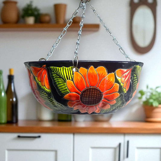 Vibrant Talavera Sunflower Hanging Planter Artisan Pot - - Talavera Flower Pot