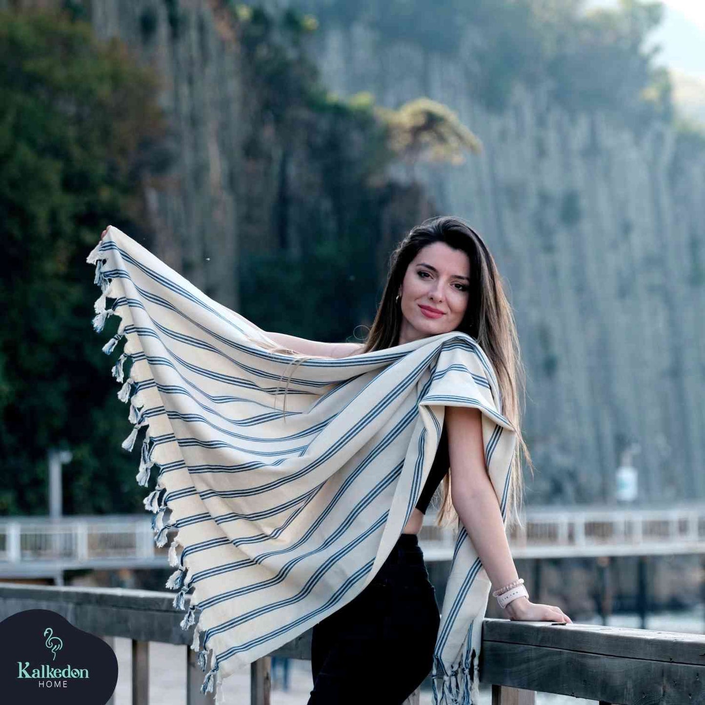 Dark Blue Striped Handwoven Turkish Towel - - Towels