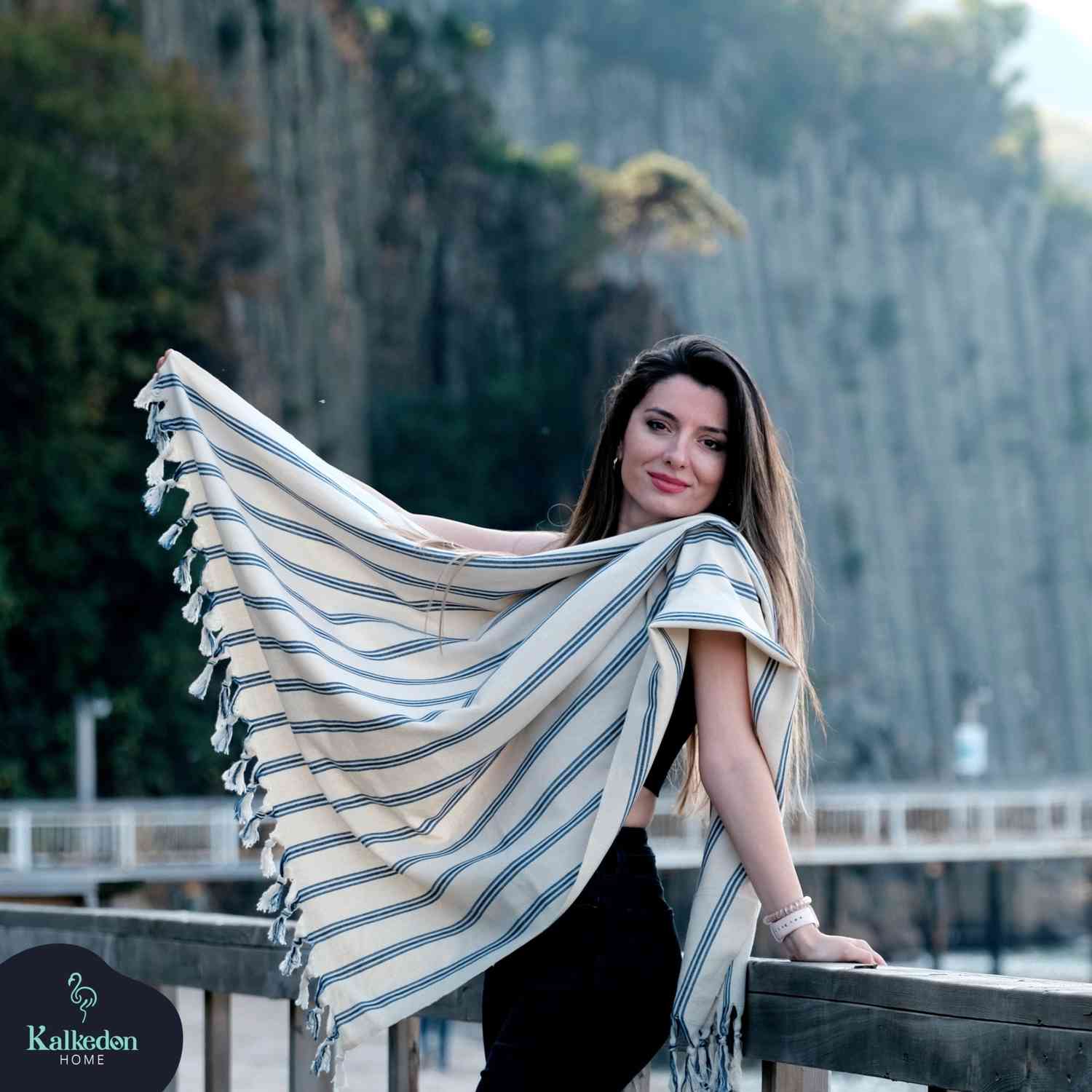 Dark Blue Striped Handwoven Turkish Towel - - Towels